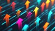 © Tanakrit - A vibrant array of upward-pointing arrows in various colors, symbolizing growth, progress, and data trends against a dark background.