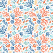 © Tetiana - A seamless stylized sea pattern with colorful corals, fish, seaweed, and shells on a white background. Perfect for textiles, packaging, and digital designs.