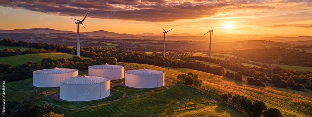 Aerial View of White Fuel Storage Tank Near Solar Farm and Wind ...