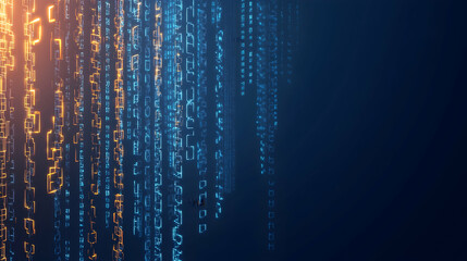 Digital rain of binary code falling on dark background; technology, data stream concept