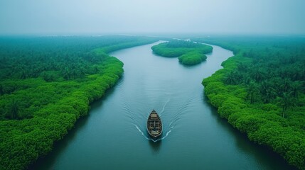 Poster - Boat navigating a lush green mangrove river.