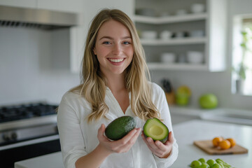 Happy woman showing fresh avocados, promoting healthy eating and wellbeing in a modern kitchen