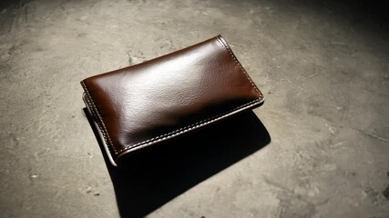 Wall Mural - Handheld establishing video focuses on a weathered brown leather wallet isolated on a rough concrete surface with a unique clipping path