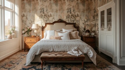 Poster - Luxurious Bedroom Interior Design with Vintage Wallpaper