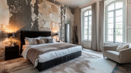 Poster - Luxurious Hotel Bedroom with Exposed Brick Wall