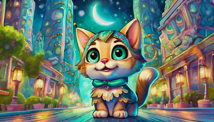 Poster -  oil painting style illustration Cartoon character cat in the night city street background