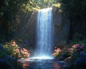 Sticker - Sunlit waterfall cascading down mossy rocks into a serene pool surrounded by lush vibrant flowers and greenery in a tranquil forest.