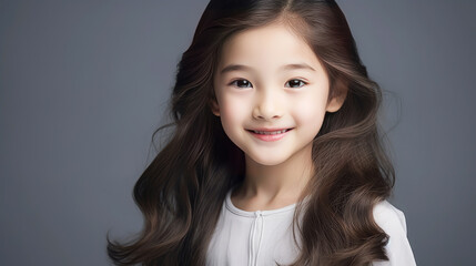 Portrait of smiling asian girl child with long white hair creamy gray background.