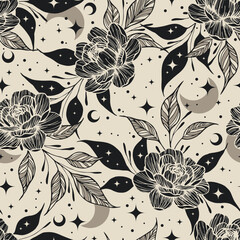Wall Mural - Magic seamless vector pattern with flowers, moons and stars. Boho pattern for astrology, esoteric, tarot, mystic and magic. 