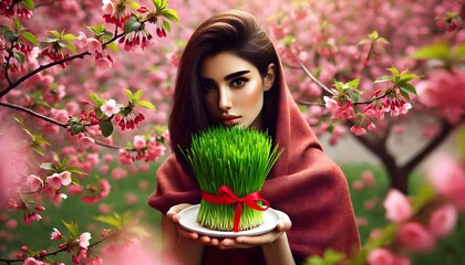 nowruz norooz nowrooz Iranian girl woman holding sabzeh red ribbon for Persian new year, greeting card, spring blossoms horizontal background wallpaper