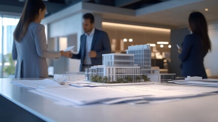 Architects reviewing building model, office background