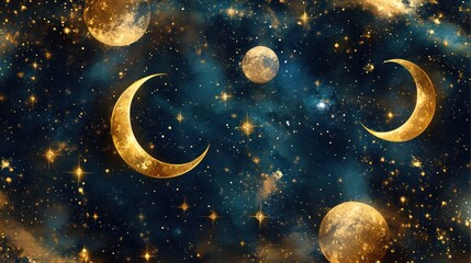 celestial dance: golden moons and starry night