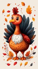 Wall Mural - Cute cartoon turkey surrounded by autumn leaves.