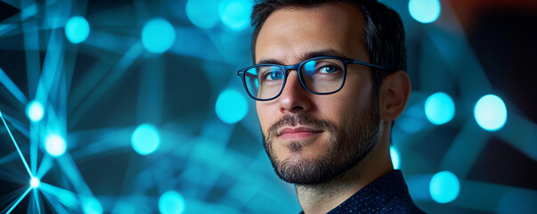 man blue light digital background with eye glasses looking confident