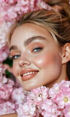 Wall Mural - A woman is wearing makeup and is laying on a bed of pink flowers. The flowers are arranged in a way that they surround her face, creating a beautiful and natural look