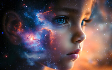 Wall Mural - cosmic child: a mesmerizing portrait of a child whose face is interwoven with a vibrant nebula, evok