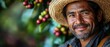 © Creative_Bringer - Smiling farmer with coffee cherries, lush plantation, straw hat, natural light