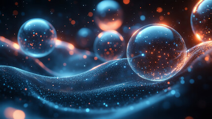 Wall Mural - cosmic spheres in glowing blue and orange light, surrounded by misty space and stardust.