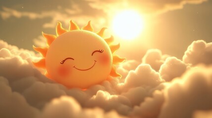 Poster - Cartoon sun smiling, resting in clouds at sunrise.