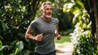 © Kevin - A vibrant scene of a middle-aged man jogging in a lush park, showcasing an active and healthy lifestyle. Ideal for fitness, wellness, or outdoor activity visuals.