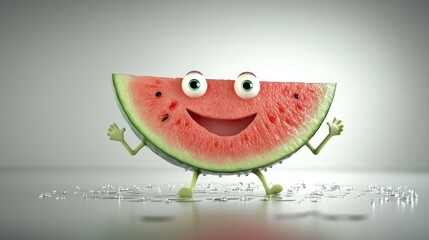 Canvas Print - Cartoon watermelon slice character with happy expression, standing on a wet surface.