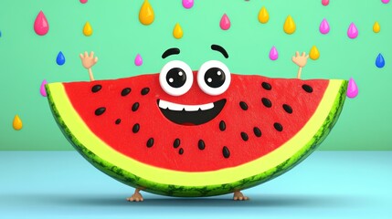 Canvas Print - Cartoon watermelon slice with happy expression, colorful background with rain drops.