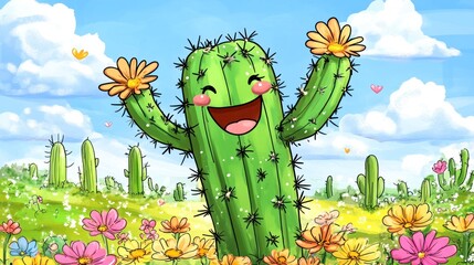 Poster - Cheerful cactus with flowers in a sunny field.