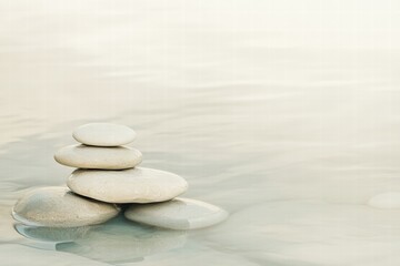 Poster - Elegant arrangement of smooth beach pebbles surrounded by gentle ocean waves at a serene coastal location. Generative AI