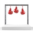 © Umme - Boxing Gloves Stage: Three red boxing gloves hang from a black metal frame, creating a symbolic stage for an upcoming fight. The gloves, a testament to strength and determination.