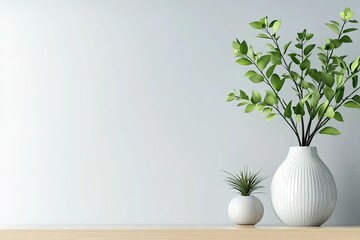 Wall Mural - Indoor plants in modern pots styled on a minimalist shelf, neutral background