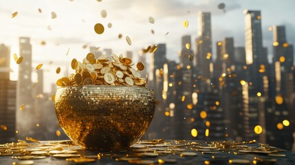 a shiny gold bowl overflowing with coins is set against a soft golden background featuring a city sk