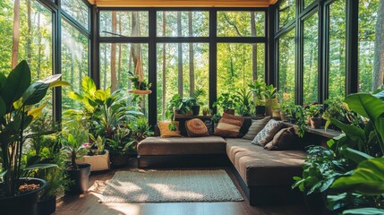 Wall Mural - Sunlit Conservatory Filled with Lush Greenery and Comfortable Seating