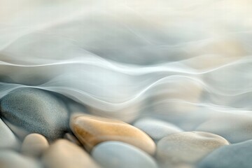 Wall Mural - Gentle waves washing over smooth beach pebbles during early morning light by the shore. Generative AI