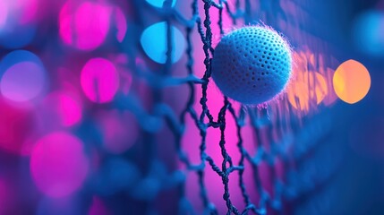 Close-up of a textured ball in a net with vibrant bokeh background.