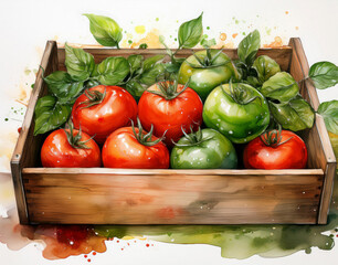 Wall Mural - Red and green tomatoes in the box