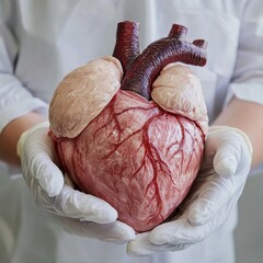 Poster - Realistic anatomical heart gently held in gloved hands of a healthcare professional in a clinical setting. Generative AI