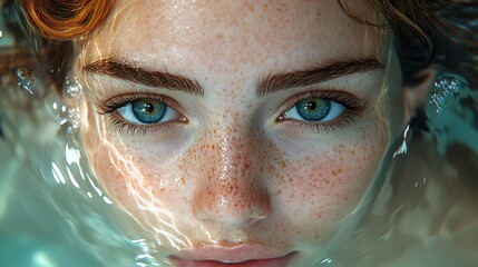 Wall Mural - Close-up of a young woman with striking green eyes and freckles submerged in water, capturing serene expressions and reflections in the liquid environment