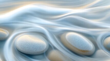 Poster - Smooth pebbles glisten as gentle waves wash over them at a tranquil beach during sunset. Generative AI