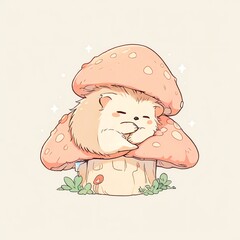 Wall Mural - Adorable Sleeping Hedgehog Under Mushroom