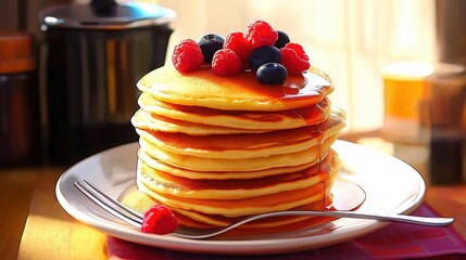 Wall Mural - Stack of pancakes with raspberries on the top with honey drizzled