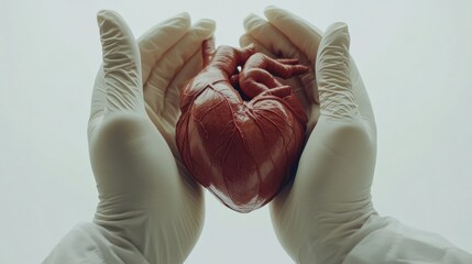 Poster - Realistic anatomical heart gently cradled in gloved hands against a soft white background. Generative AI