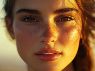 Wall Mural - Woman with sun-kissed skin and freckles gazes into the distance during golden hour at the beach with soft sunlight highlighting her features