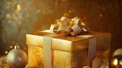 Beautiful gold gift box with ribbons with gold background