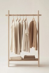 Poster - A minimalist wooden clothing rack showcases a curated selection of neutral-toned linen dresses, cotton shirts, and wool cardigans. The light background complements the natural aesthetic