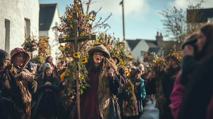 St. Brigid's Day parade in a small Irish village, people carrying St. Brigid's cross while singing and praying, wild flower decorations decorate the village streets.