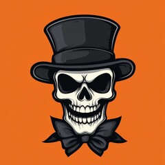 A skull adorned with a top hat, positioned in front of an orange backdrop