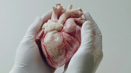 Poster - Realistic anatomical heart held gently in gloved hands during a medical examination. Generative AI