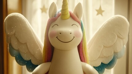 Wall Mural - Close-up of a cheerful unicorn toy with wings, soft pastel colors, and a happy expression, placed in front of a window with a starry backdrop.