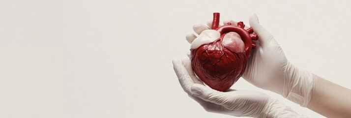 Poster - Realistic anatomical heart gently held in gloved hands emphasizing human biology and medical science. Generative AI