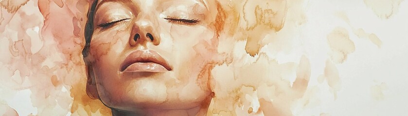 Wall Mural - Soft facial features of a woman are captured in a contemporary watercolor portrait, blending muted blush pink and beige with striking gold brushstrokes